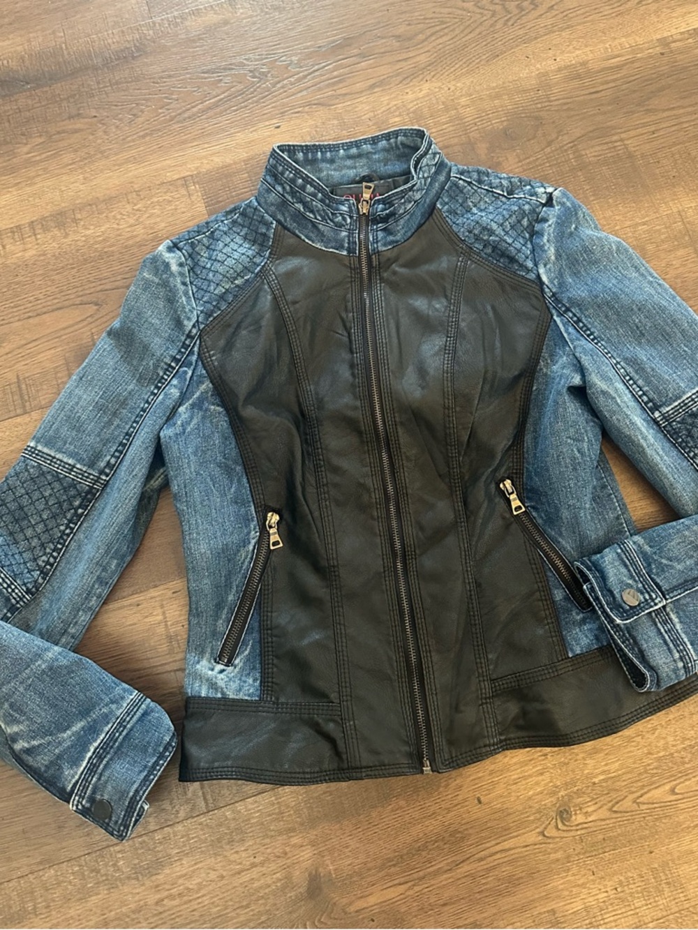 Olivia Miller Black Leather Front with Blue Denim Sleeve Mixed-Media Jacket